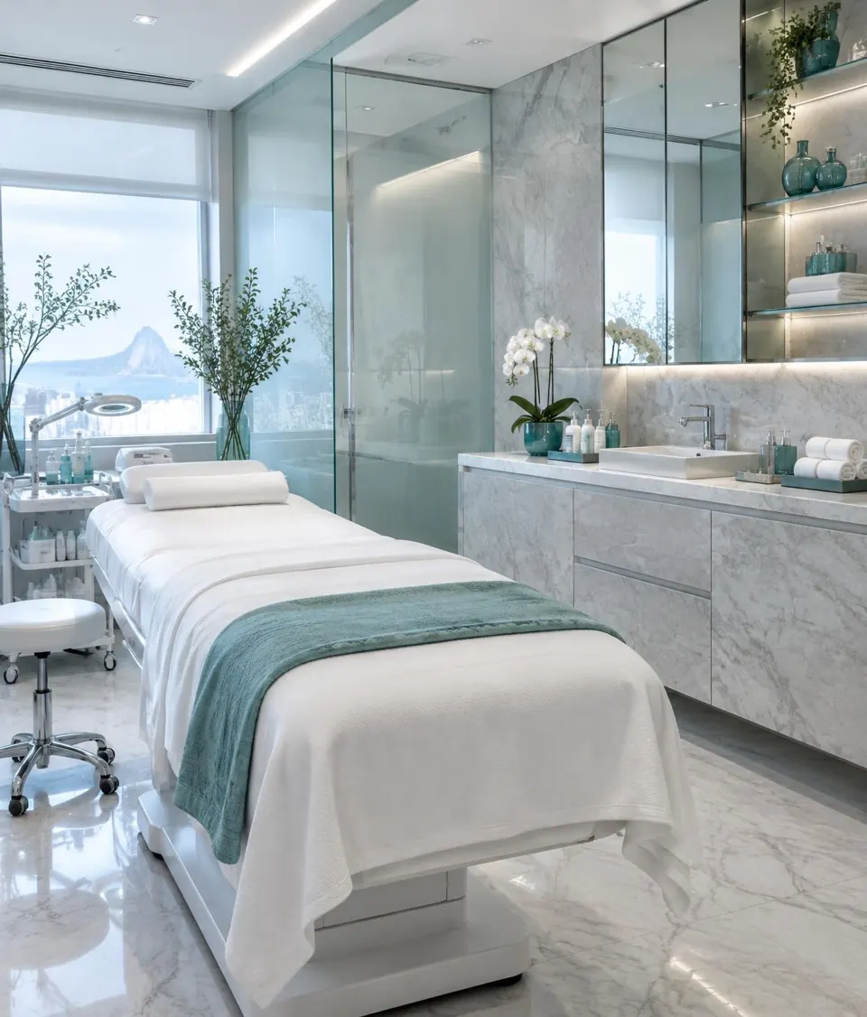 Ambiente ilustrativo de uma clínica de estética, com luz natural e tons verdes